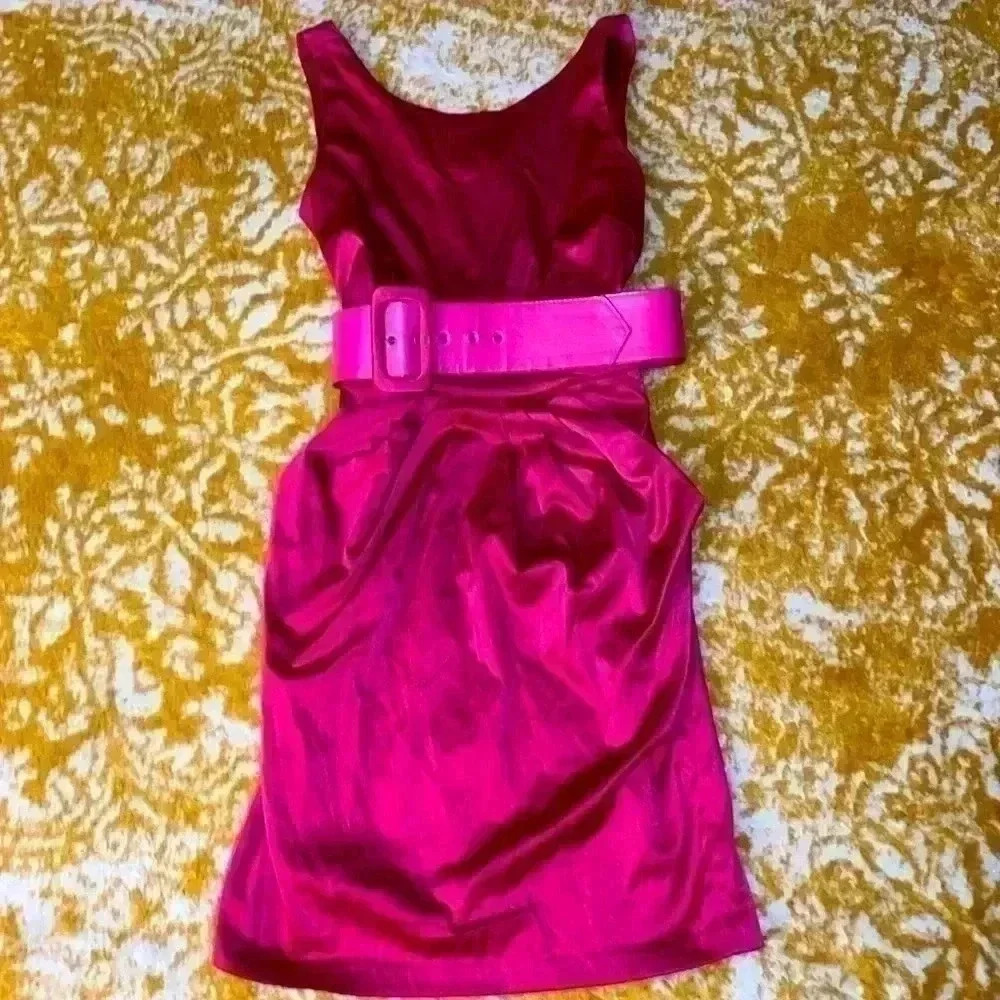 41st St. silky Barbie pink, tulip, belted pockets sleeveless dress, medium